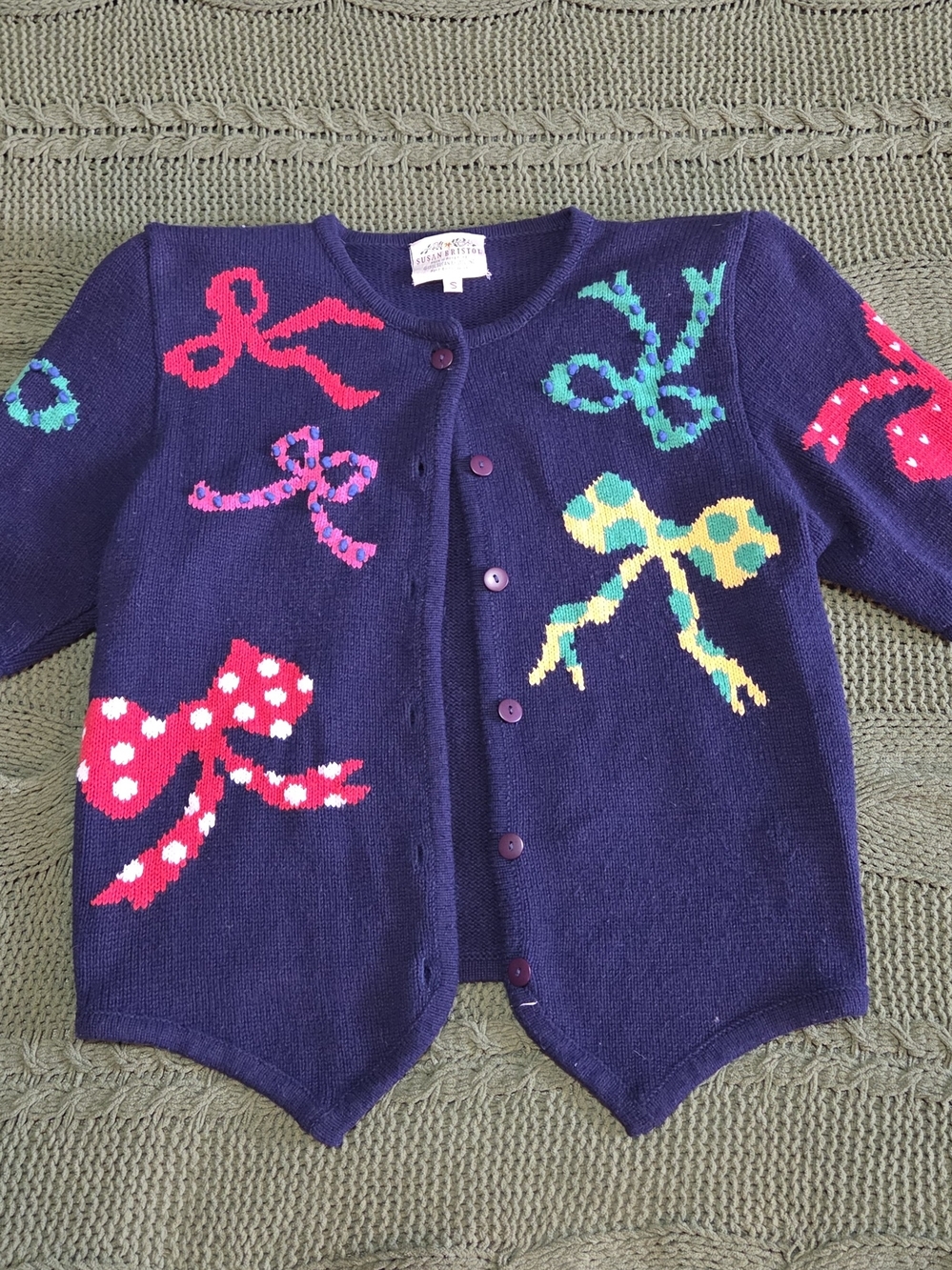 Susan Bristol Sweater Button Up Cardigan Embroidered Fun Bow Polka Dot